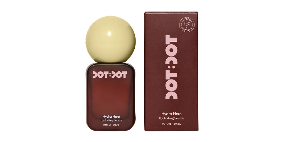 Dot:Dot Hydra Hero Hydrating Serum bottle with yellow-green spherical cap beside its dark brown box, 30mL, derm approved.