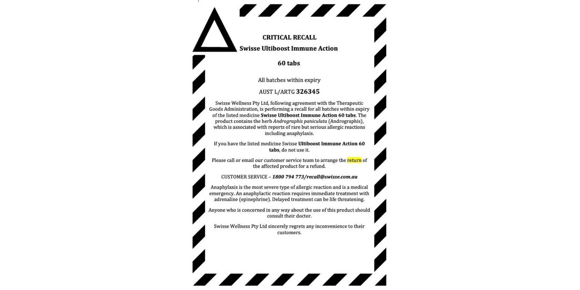 Product recall: Swisse Ultiboost Immune Action (60 capsules) - Image