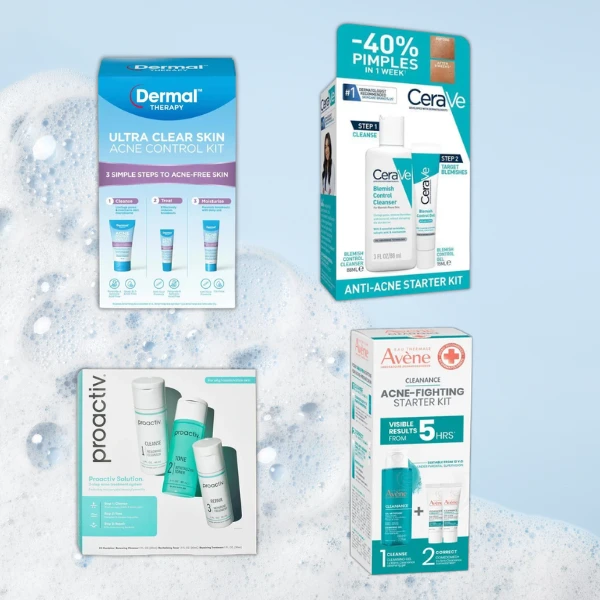 Four acne skincare kits on a light blue background: Dermal Therapy, CeraVe, Proactiv, and Avène starter sets.