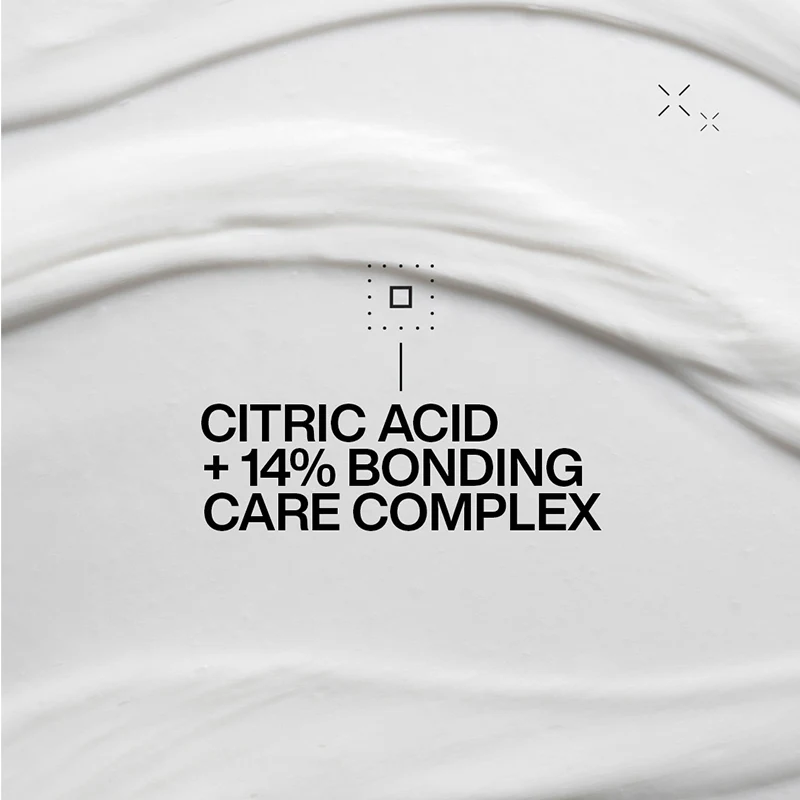 Black text reading "Citric Acid + 14% Bonding Care Complex" on a smooth white background with flowing, silky texture.