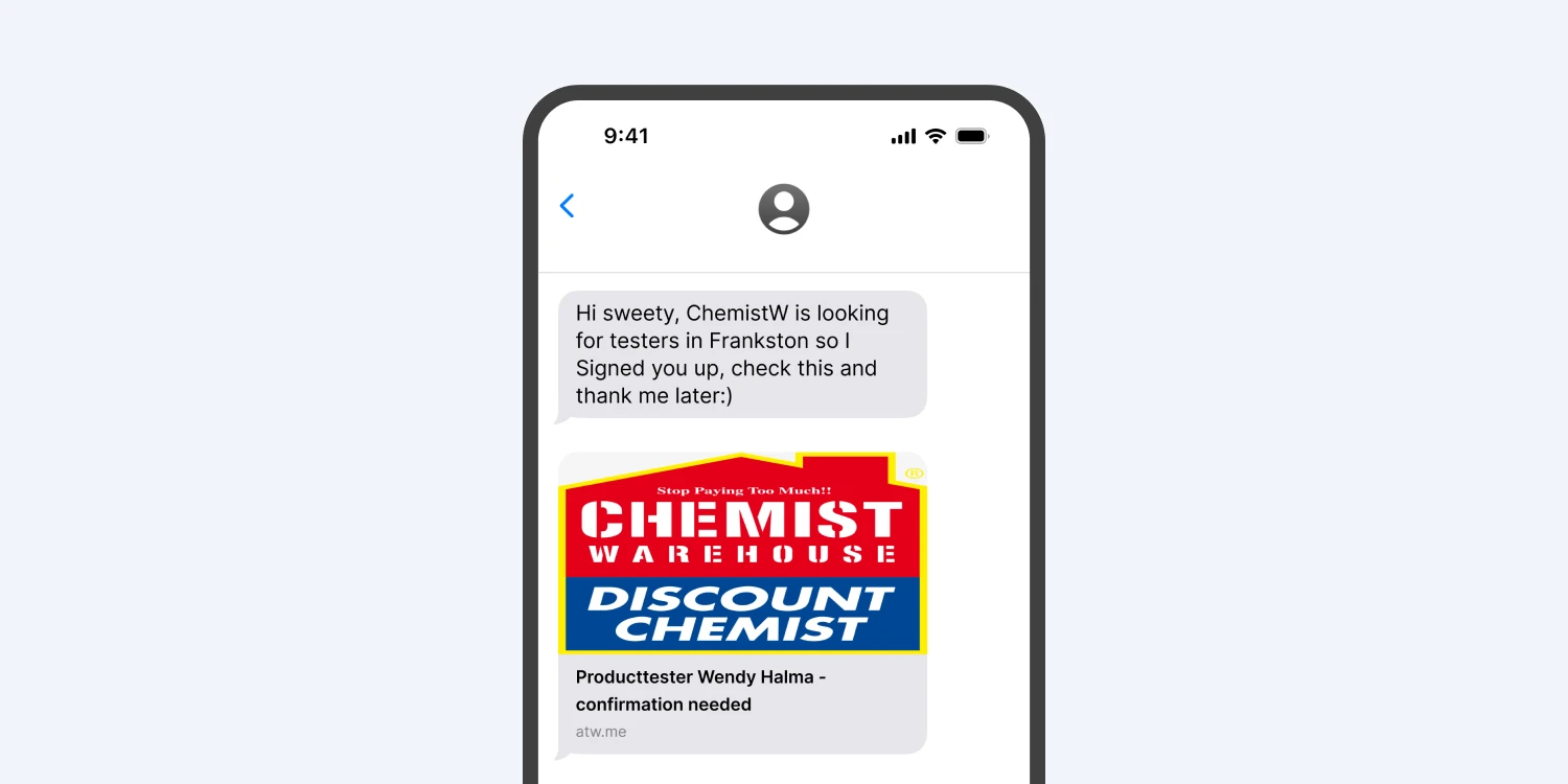 A phone mockup with an example of the SMS scam
