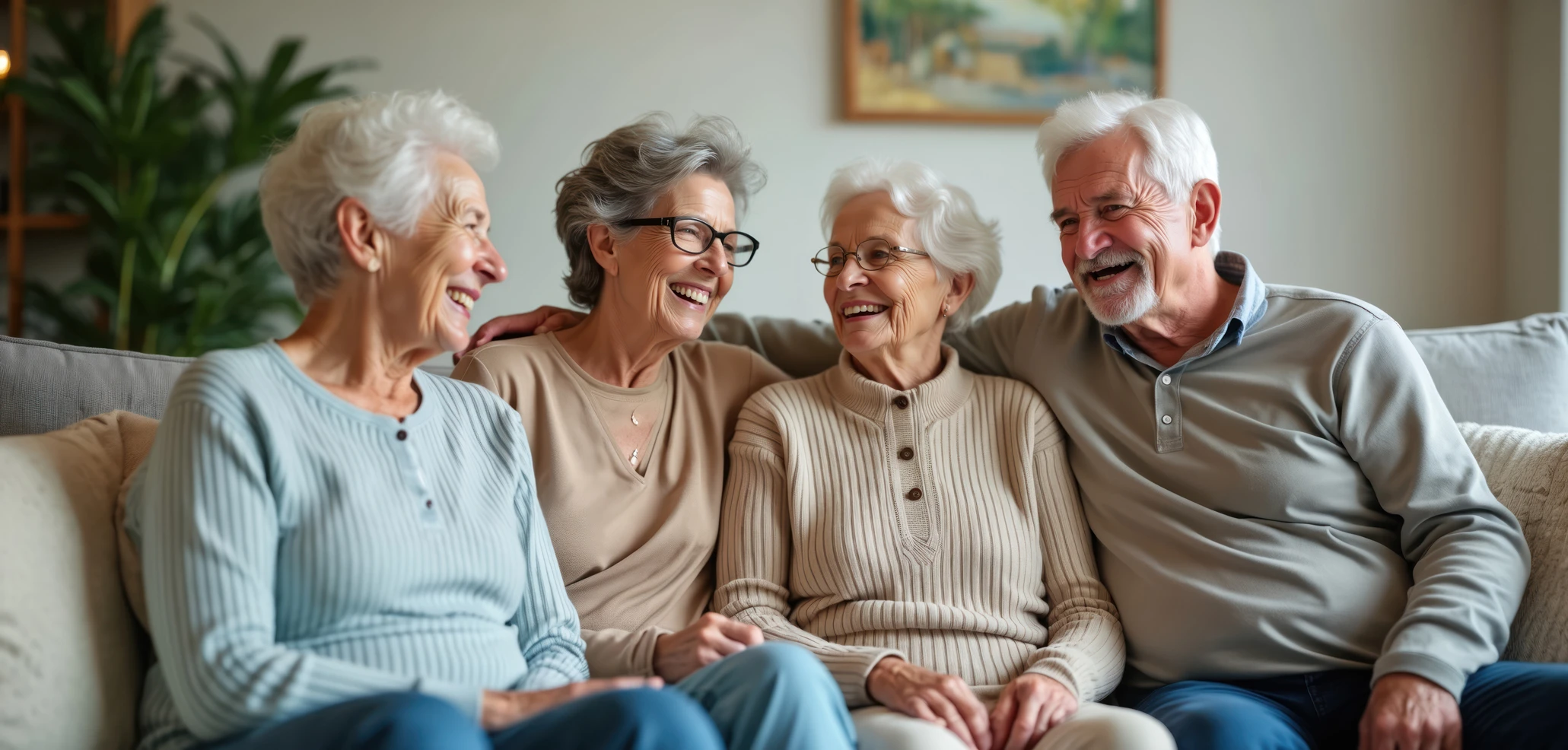 Four elderly friends laughing together on a couch in a cozy living room, three women and one man with white or gray hair.