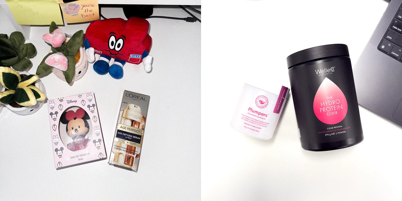 Beauty products including protein drinks, L'Oreal serum, and Disney Minnie Mouse perfume arranged with pink roses and decorative notes