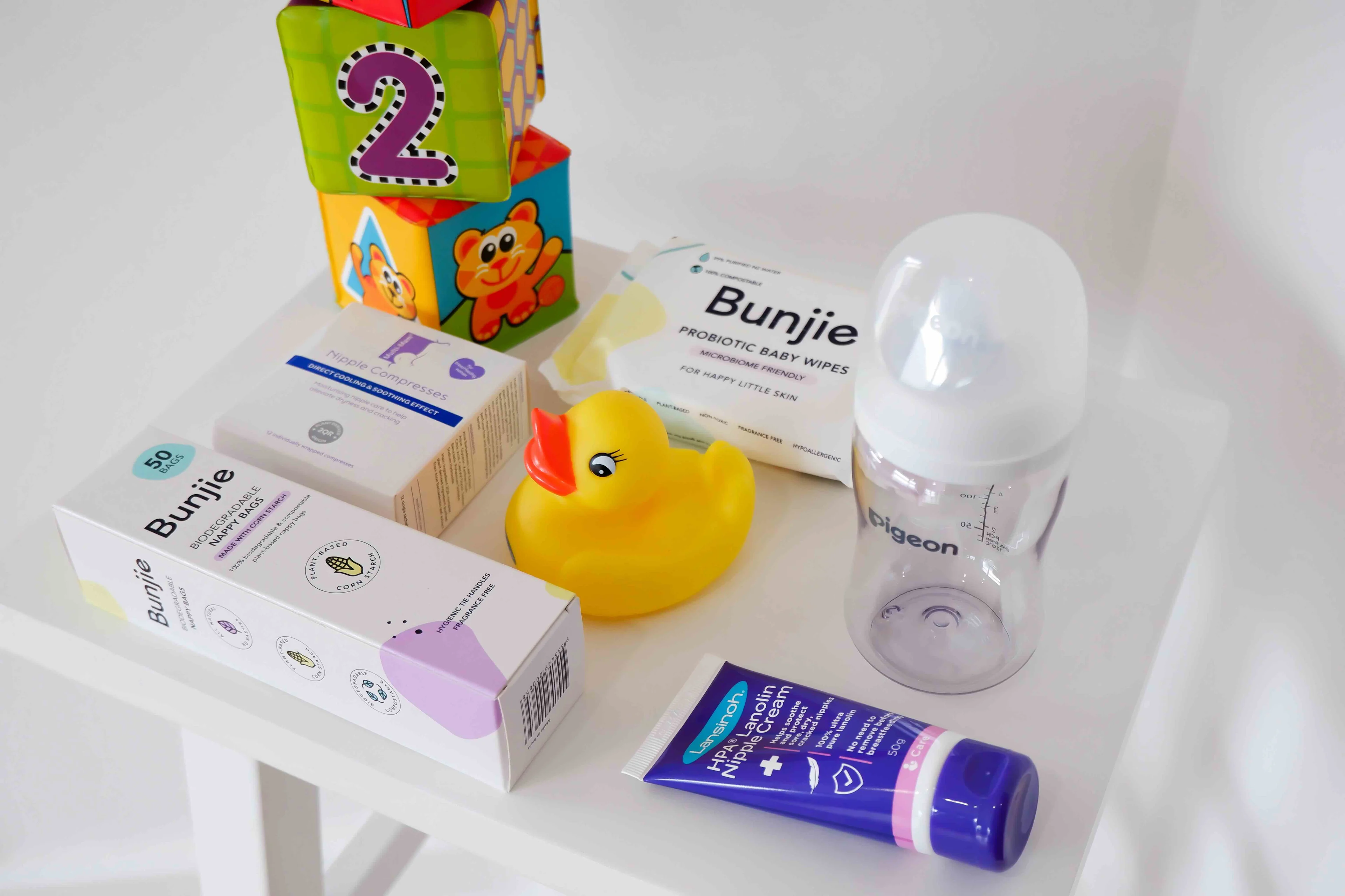 Selection of baby products for new parents. 