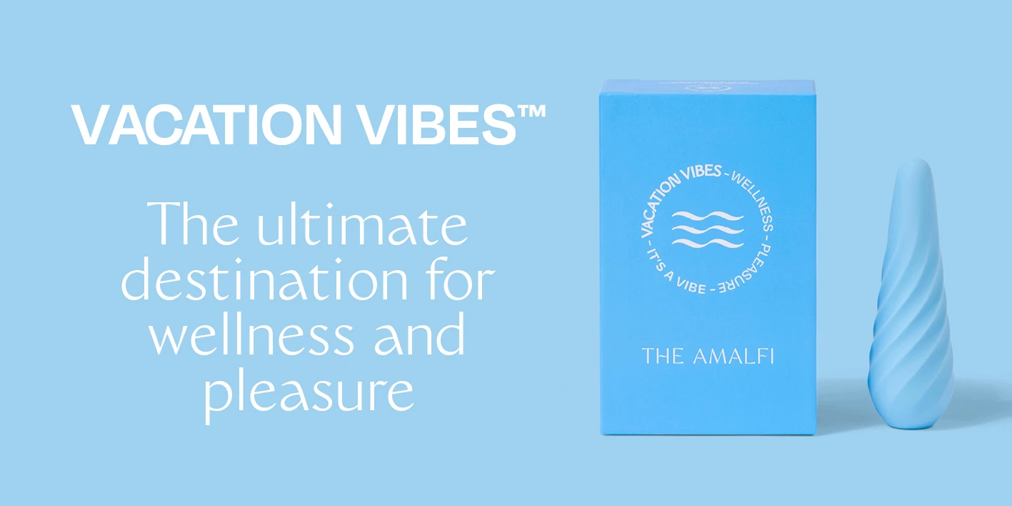 Light blue product packaging for "The Amalfi" by Vacation Vibes with wellness-themed branding and a matching blue massager