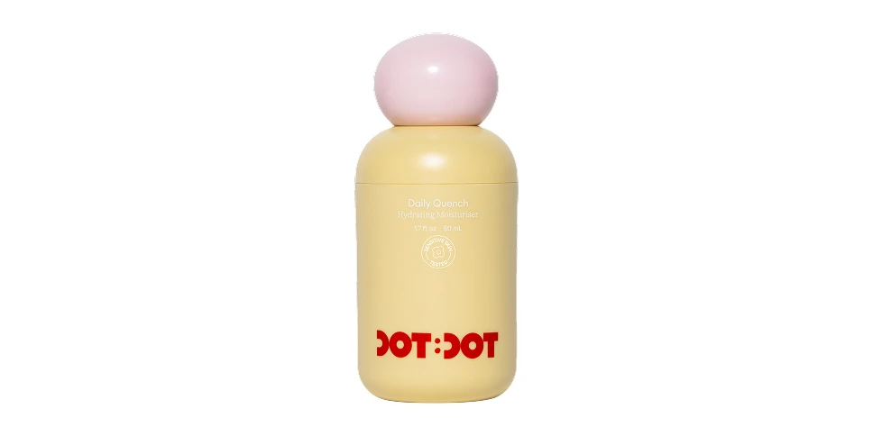 Yellow bottle of Dot:Dot Daily Quench Hydrating Moisturizer with a round pink cap on a white background.