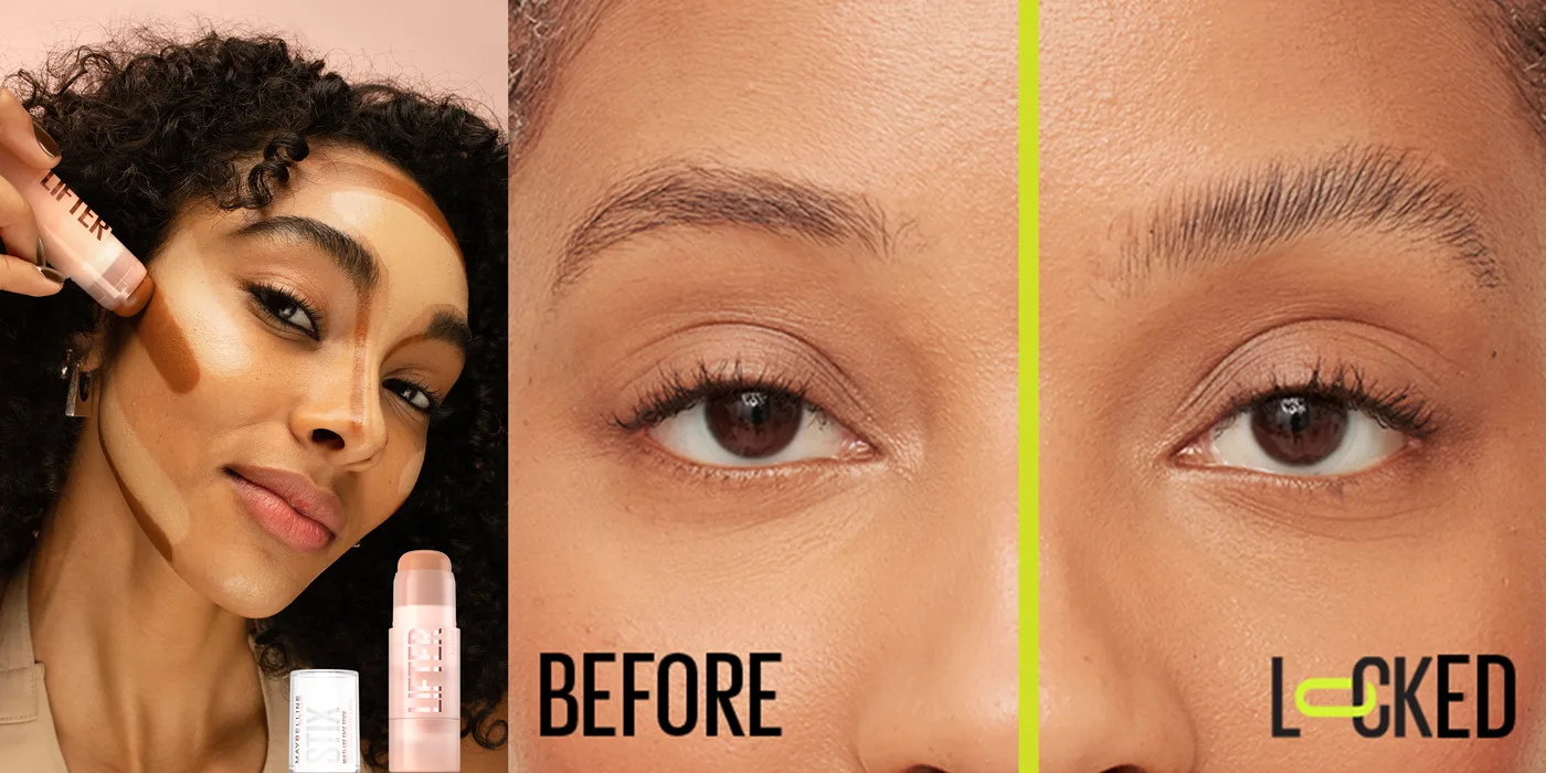 Before and after comparison showing eyebrow styling results, with a makeup applicator being used on curly-haired model's face.