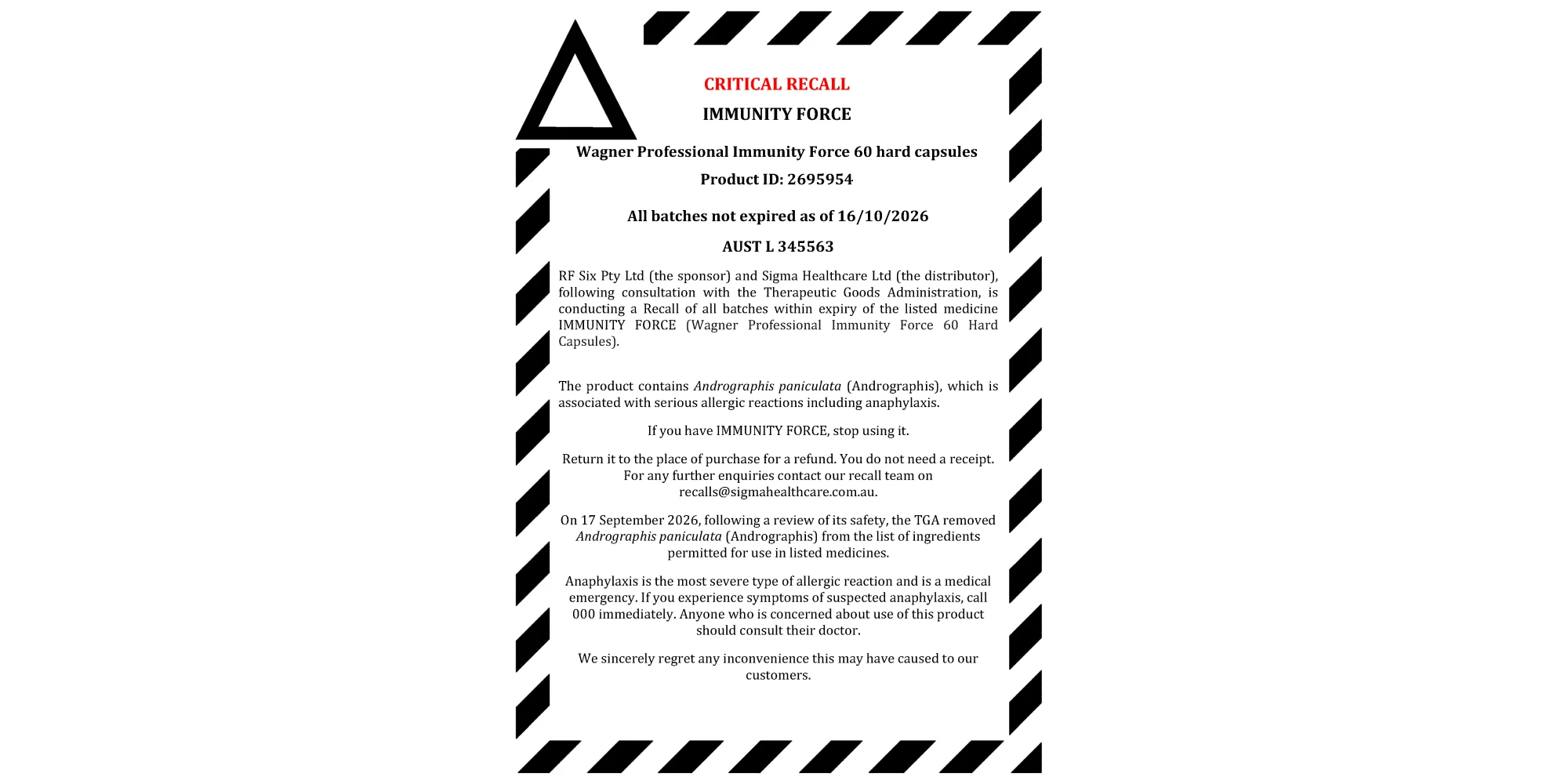 Product recall: Immunity Force 60 Hard Capsules - Image