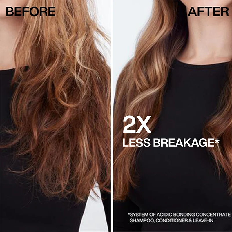 Before and after comparison showing long platinum blonde hair transformed from frizzy to smooth and sleek after one hair treatment.