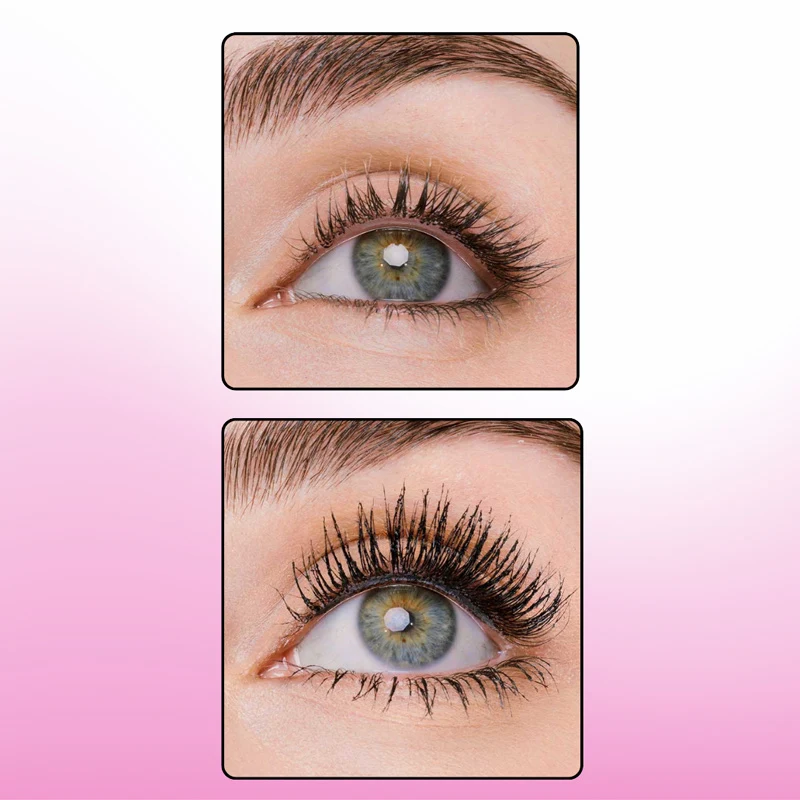 Before and after mascara comparison showing a green eye with natural lashes on top and dramatically volumized, lengthened lashes on bottom.