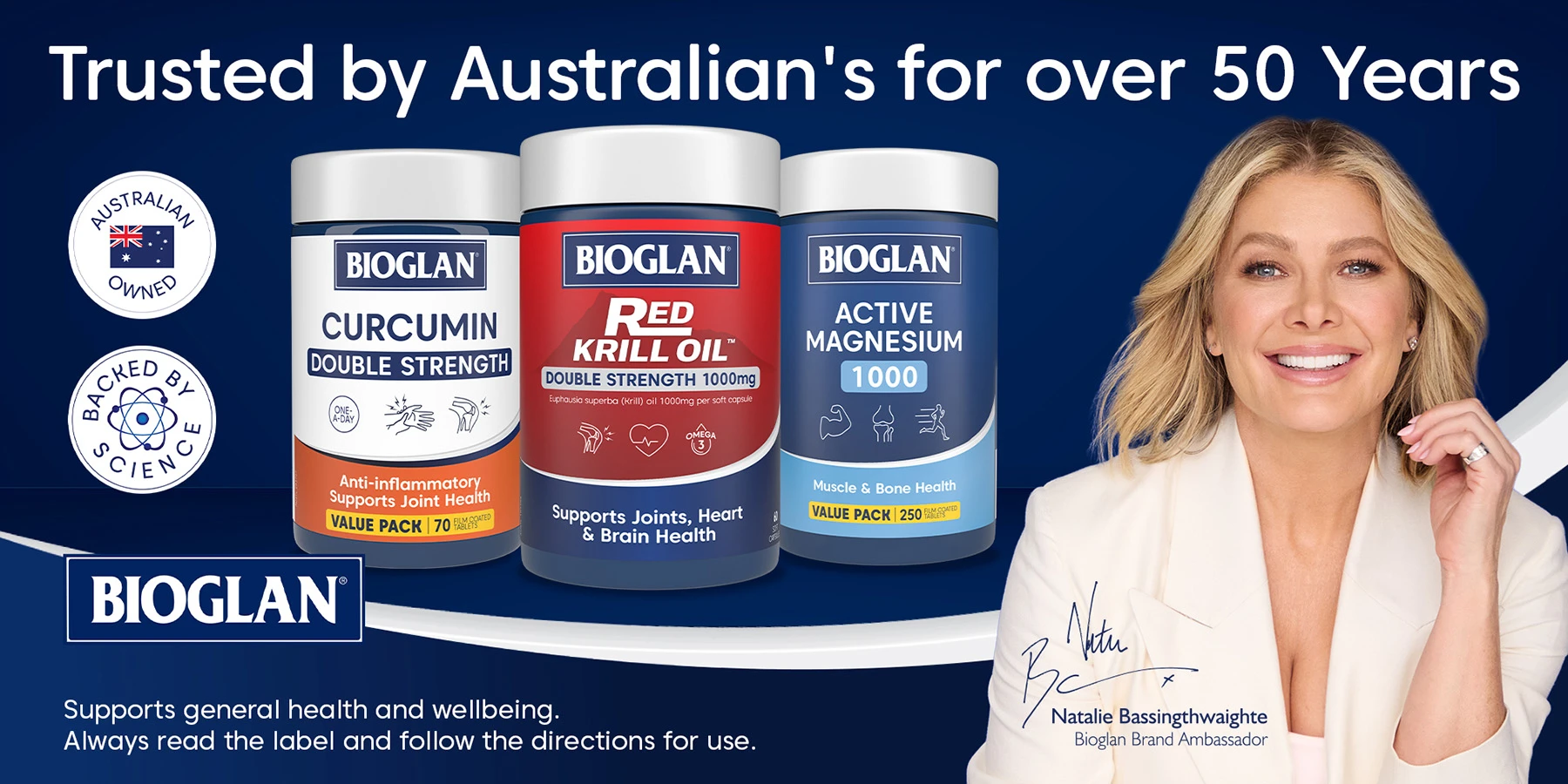 Three Bioglan supplement bottles - Curcumin, Red Krill Oil, and Active Magnesium - displayed against dark blue background with brand ambassador