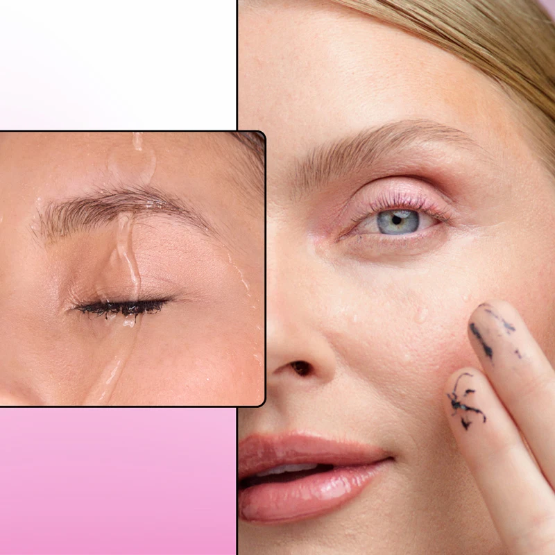 A blonde woman with blue eyes applies skincare near her eye. Inset shows a close-up of a brow with clear gel product being applied.