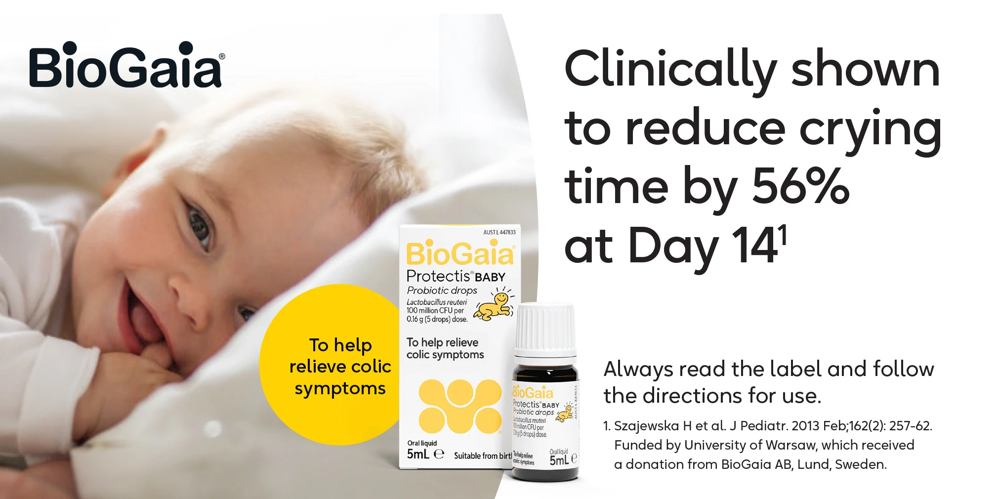 BioGaia product packaging and dropper bottle shown next to smiling baby, with text about clinically reducing crying time by 56% at day 14 with substantiation text about the claim.