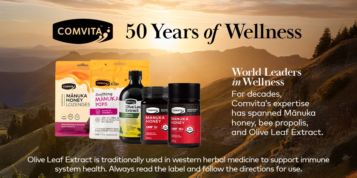 Three-panel product image showing Comvita brand: black panel with powerd by nature - backed by science. Red panel with Manuka honey drip, yellow panel with olive extract spoon