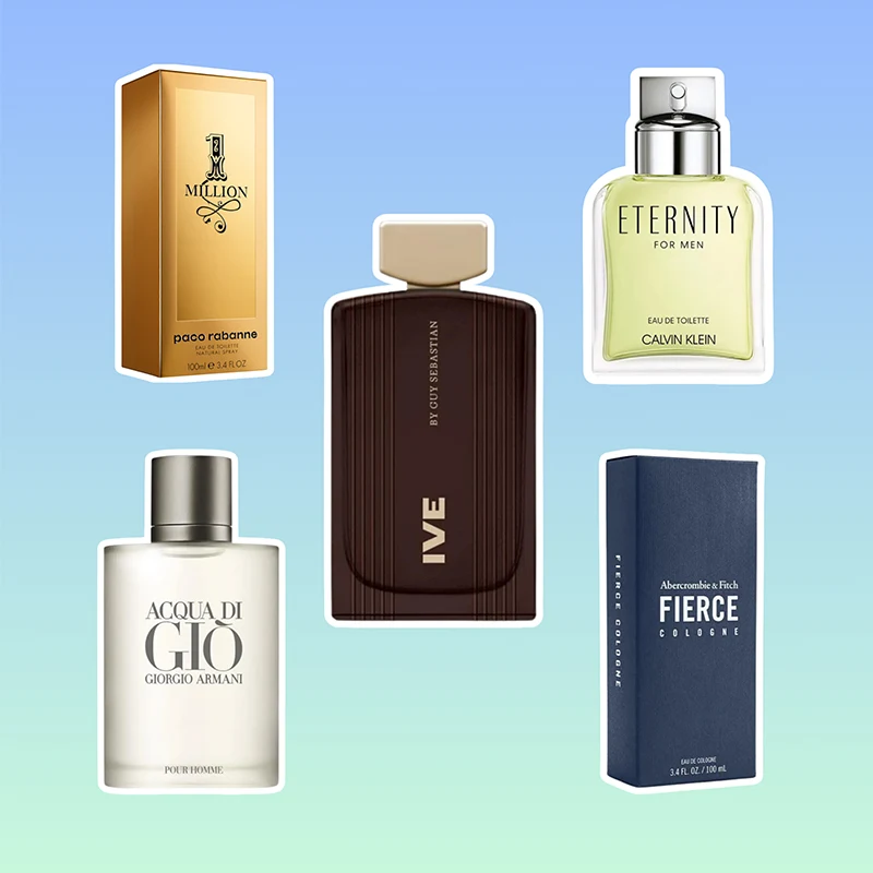 Collection of luxury men's fragrances including 1 Million, Eternity, Acqua di Gio, IVE, and Fierce against blue-green gradient background.