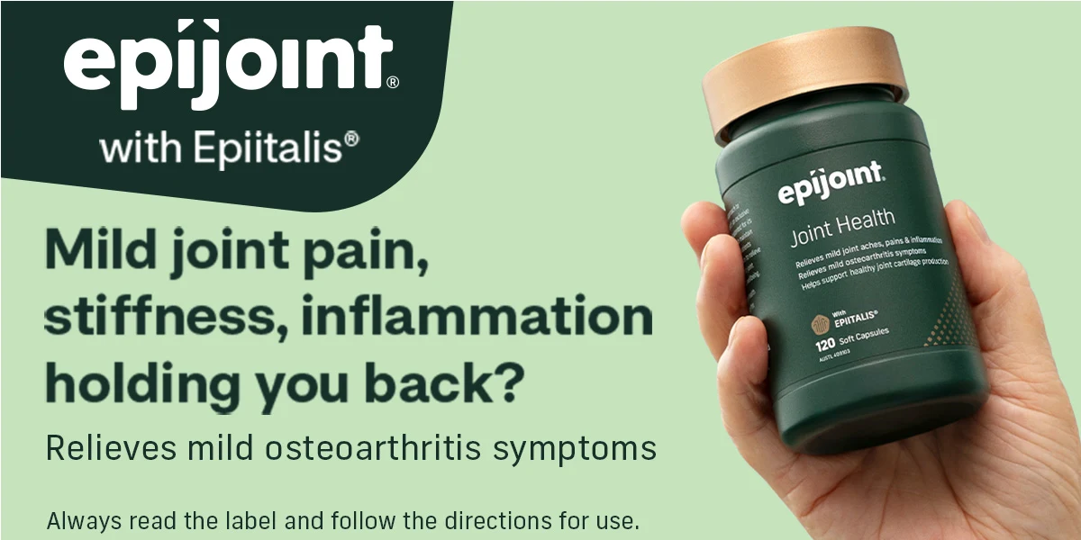 Hand holding dark green Epijoint supplement bottle against mint background, with text about joint pain relief and osteoarthritis symptoms
