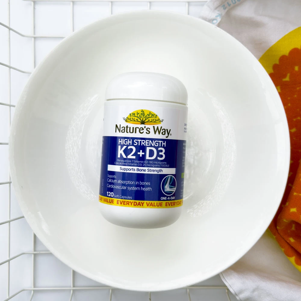 Nature's Way High Strength K2+D3 vitamin in a while bowl