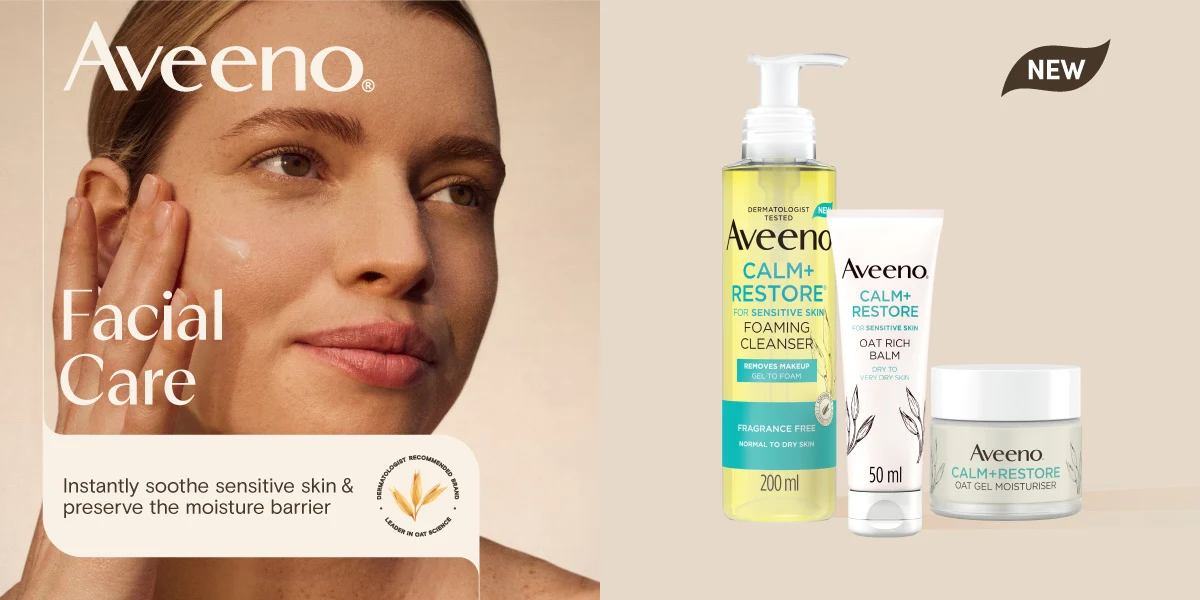 Aveeno skincare products featuring moisturising lotion, baby cream, and shampoo with oat ingredients for sensitive skin*