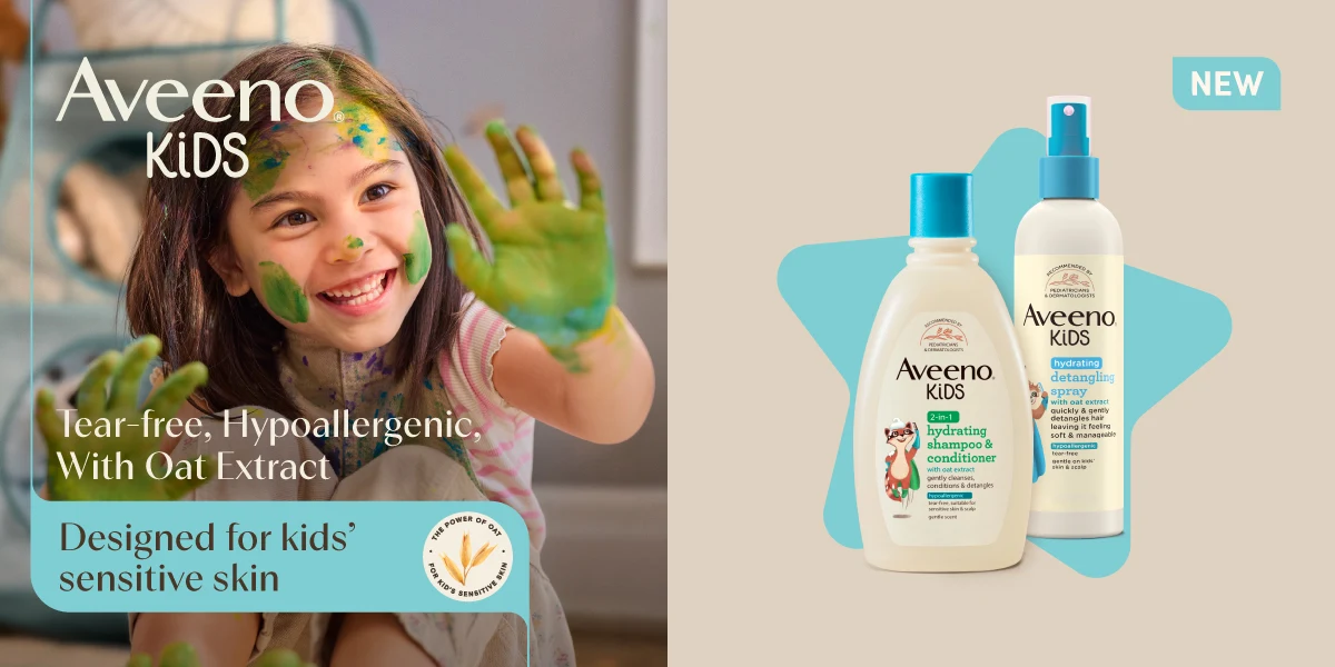 Aveeno skincare products featuring moisturising lotion, baby cream, and shampoo with oat ingredients for sensitive skin*