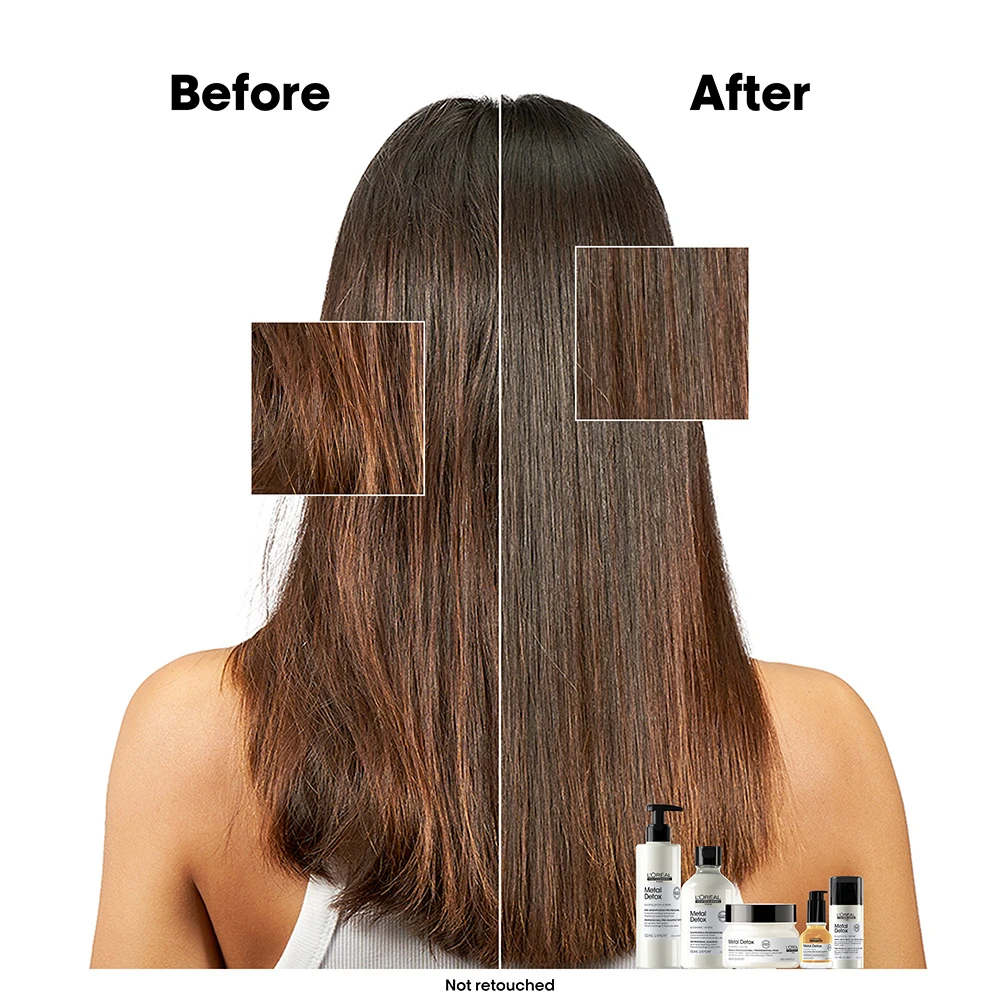 Before and after comparison showing hair transformation from frizzy to smooth, with hair care products displayed at bottom