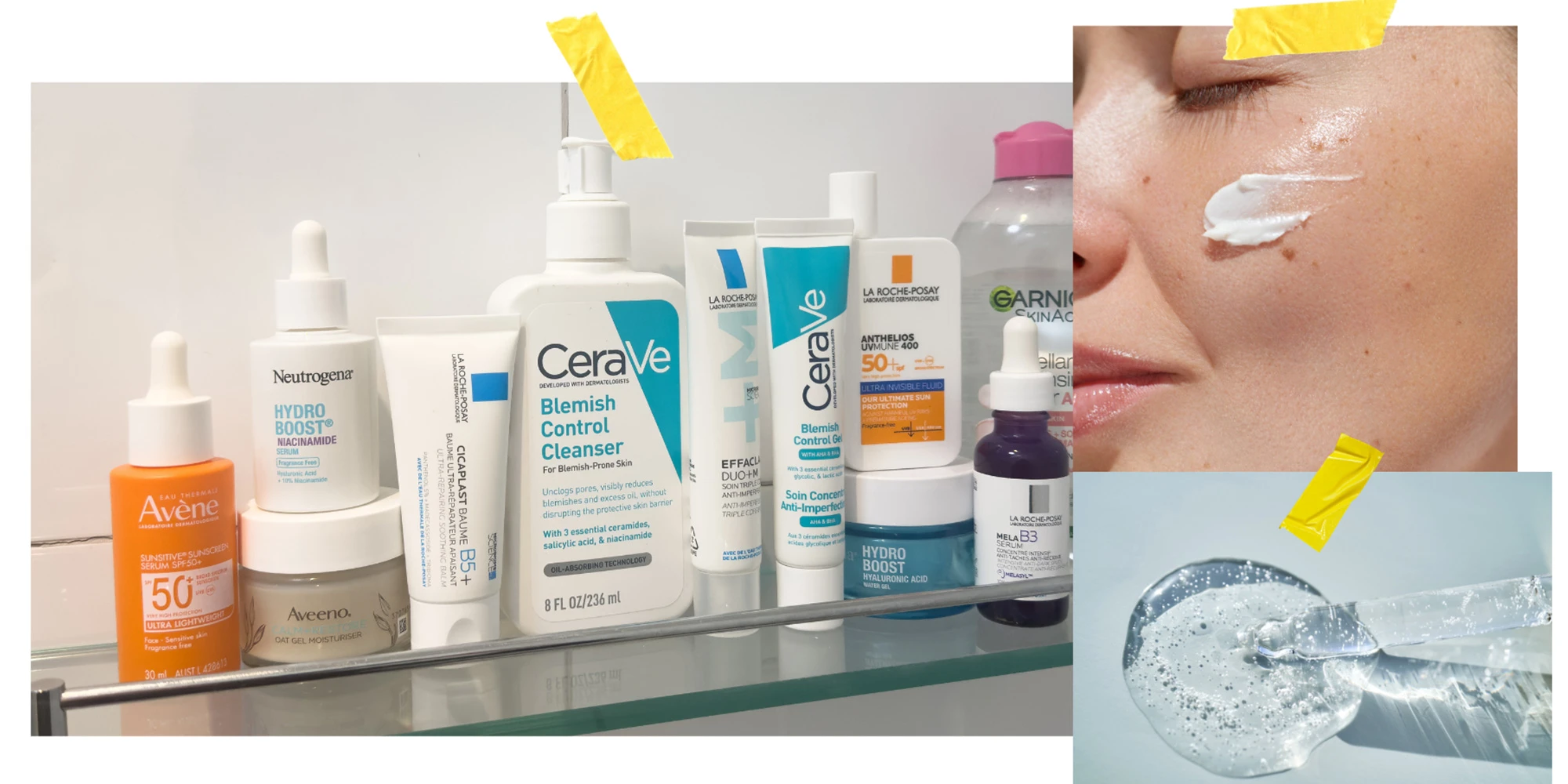 A shelf of skincare products including CeraVe and La Roche-Posay, a woman with cream on her cheek, and a serum in a petri dish.
