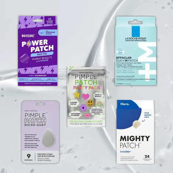 Five pimple patch products displayed: Benzac Power Patch, La Roche-Posay Effaclar, Pimple Patch Party Pack, Micro Dart, and Hero Mighty Patch.