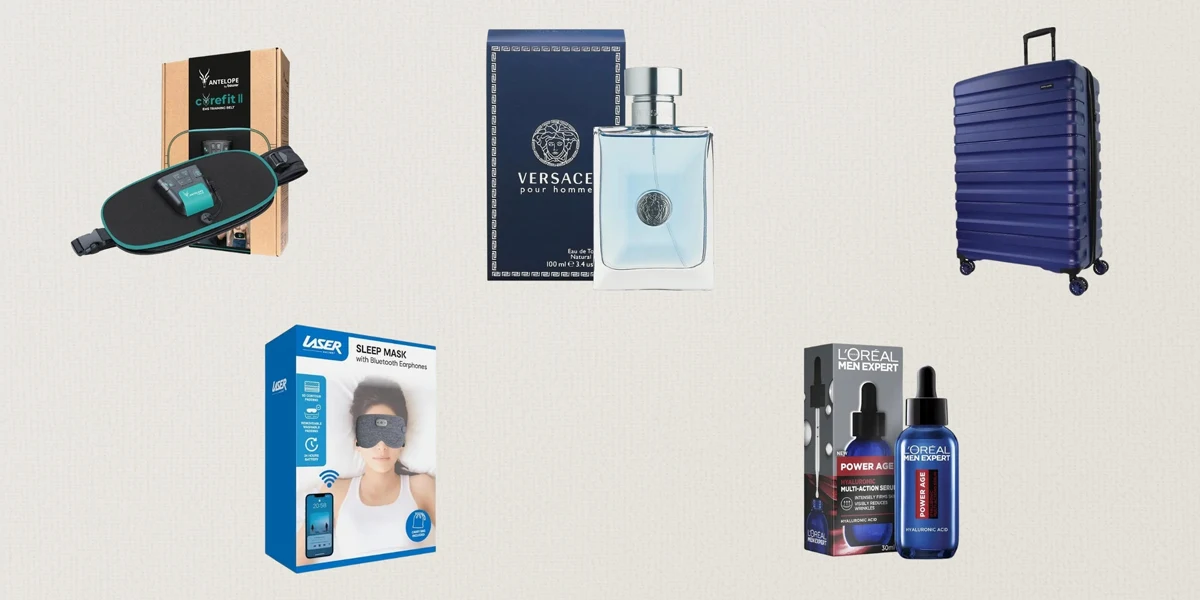Collection of men's grooming and lifestyle products including fragrances, razor, beard oil, trimmer and wireless headphones on gradient background.