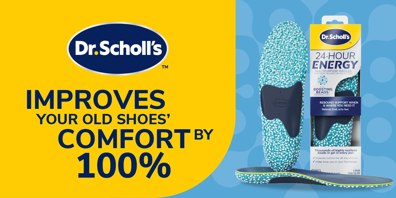 Dr. Scholl's 24-Hour Energy insoles with blue speckled pattern shown with product packaging and comfort improvement claim