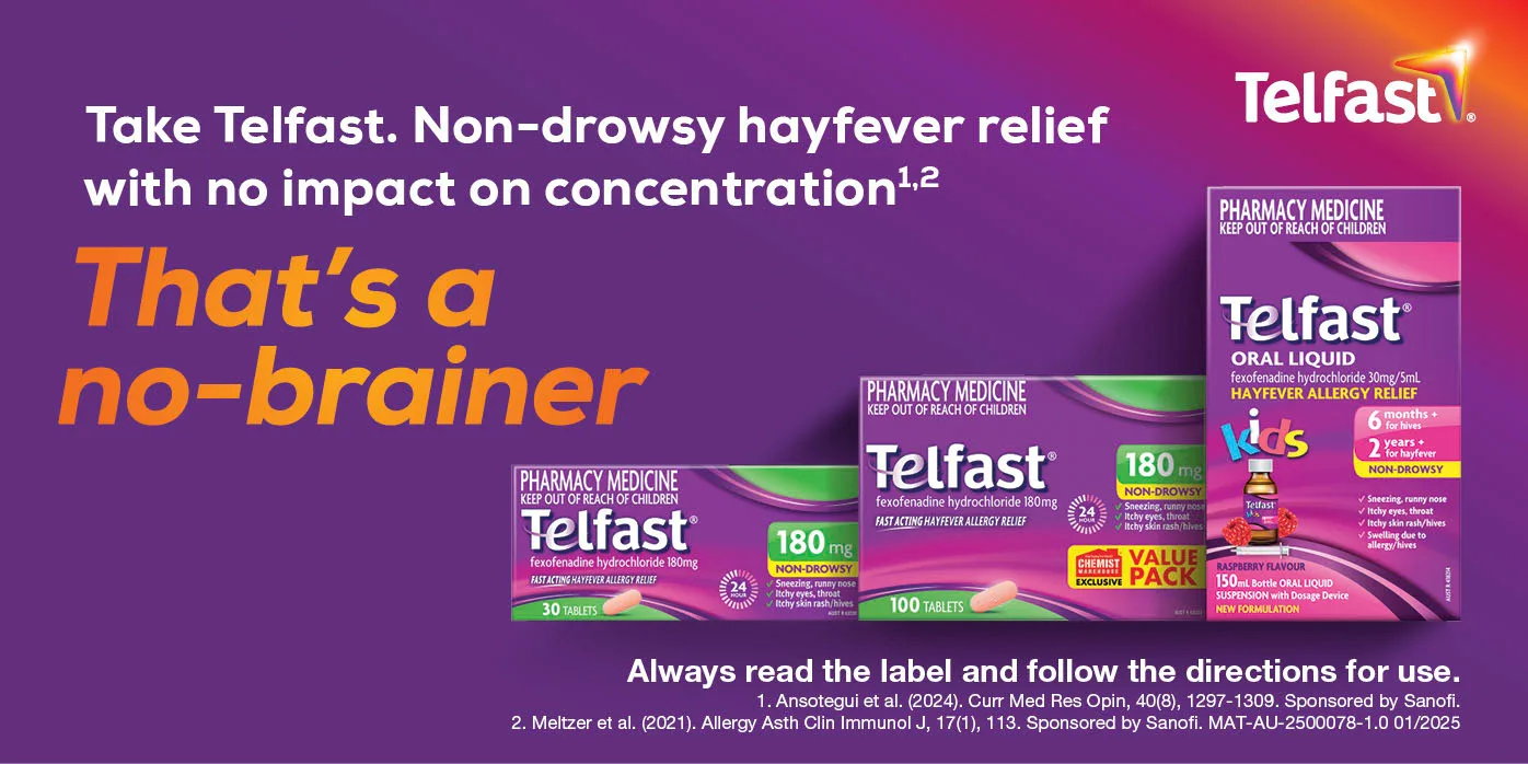 Take Telfast. Non-drowsy hayfever relief with no impact on concentration. That's a no-brainer. Always read the label and follow the directions for use.