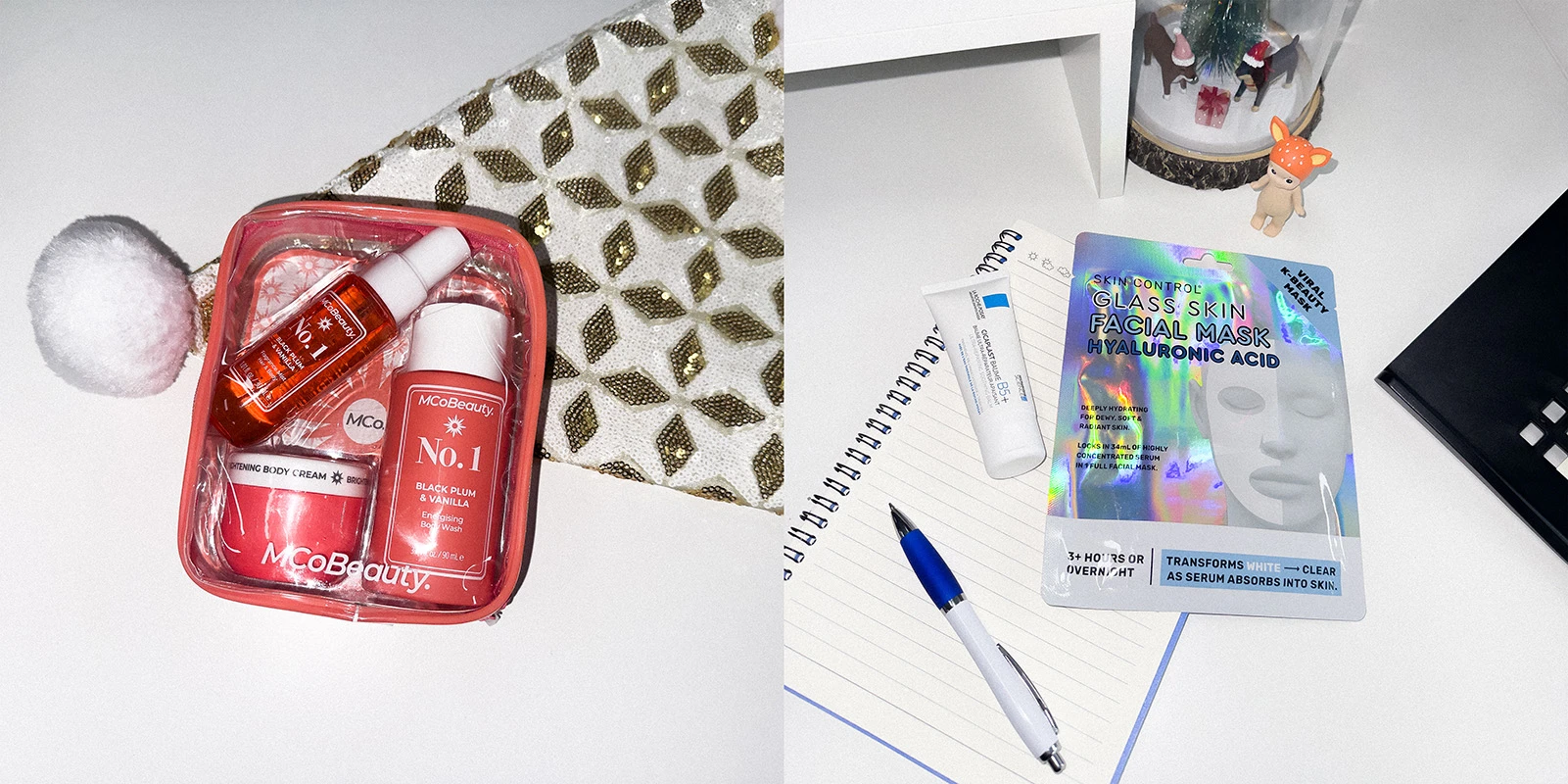 MCoBeauty skincare products including hyaluronic acid facial mask and body cream displayed on white planner with holographic packaging