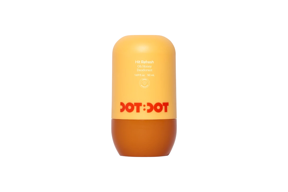 Dot Dot Hit Refresh Oh Honey Deodorant in a yellow roll-on bottle with a brown base and red logo, 50mL.