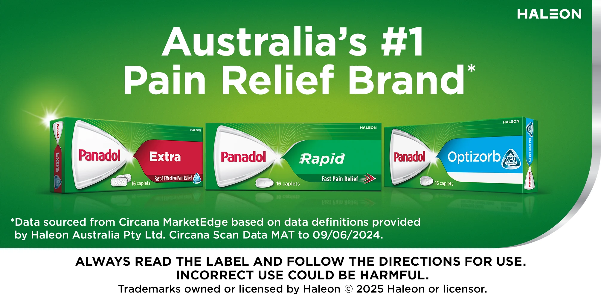 Three Panadol pain relief product boxes - Extra, Rapid, and Optizorb - displayed on green background