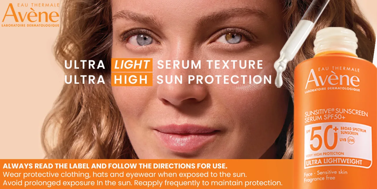 Avene ultra light serum texture. Ultra high sun protection. Always read the label and follow the directions for use.