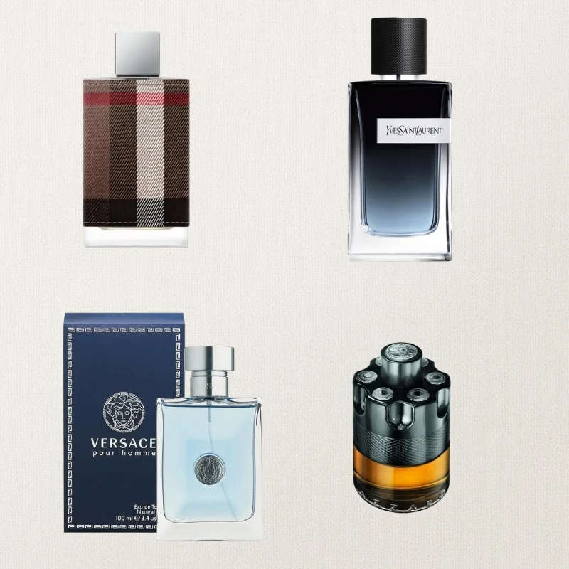 Collection of luxury men's fragrances including 1 Million, Eternity, Acqua di Gio, IVE, and Fierce against blue-green gradient background.