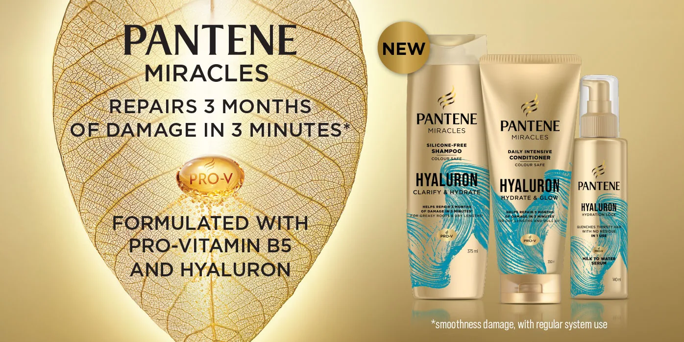 Pantene miracles repairs 3 months of damage in 3 minutes formulated with pro-vitamin B5 and hyalron.