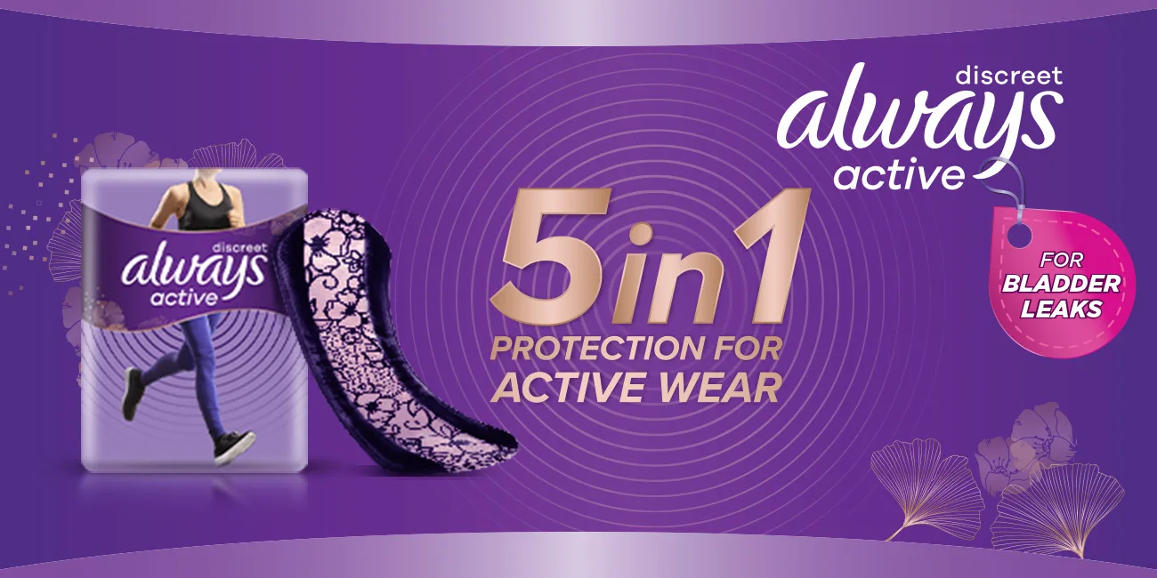 Always discreet active for bladder leaks. 5 in 1 protective for active wear.
