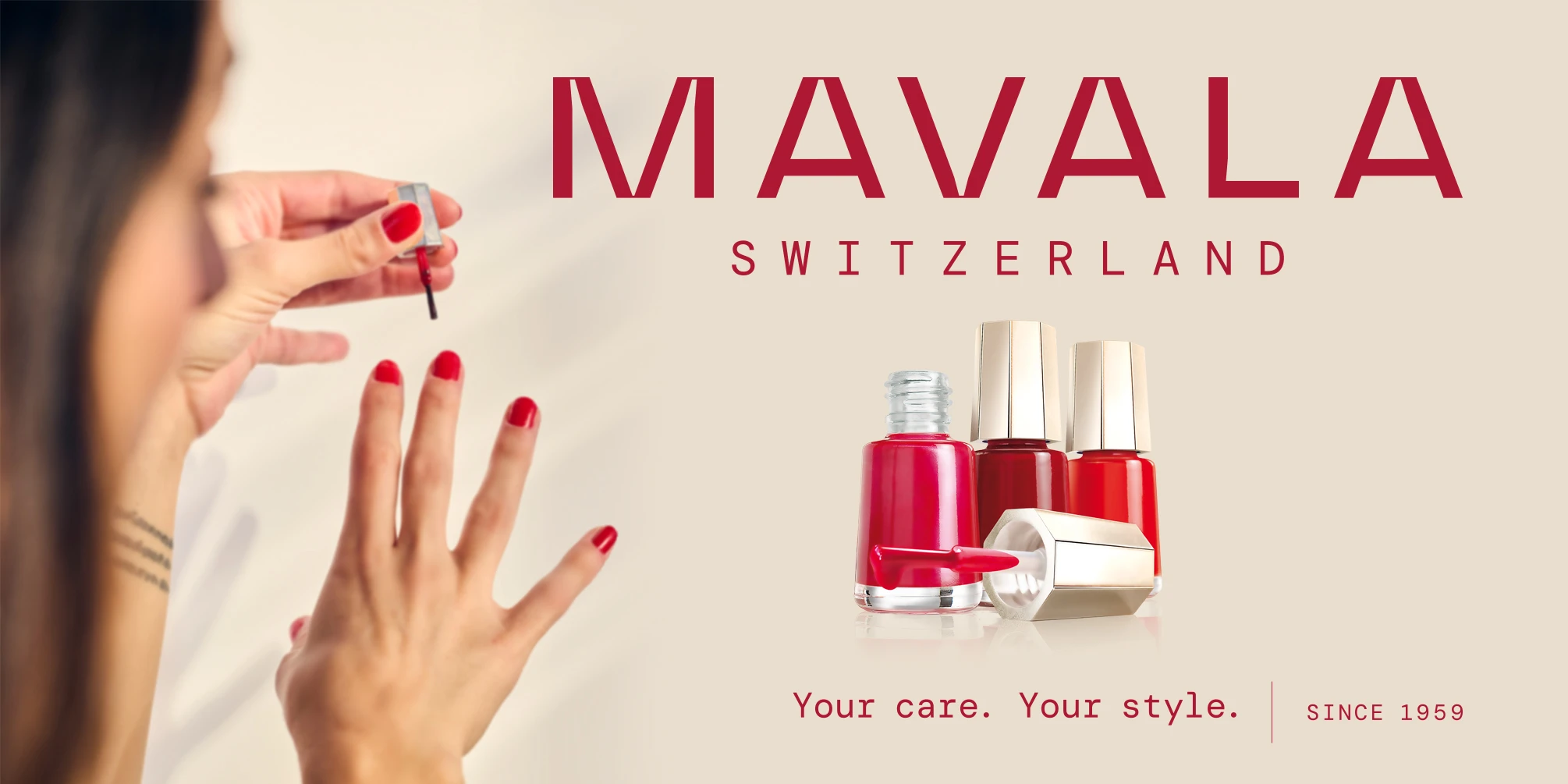 Woman applying red Mavala nail polish, with three nail polish bottles displayed alongside the Mavala Switzerland brand logo