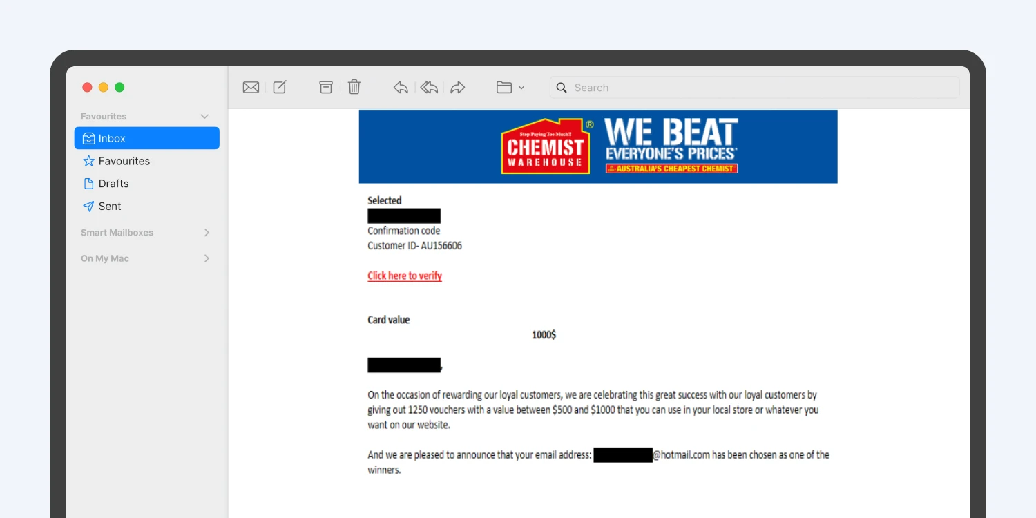 A computer mockup with an example of the email scam