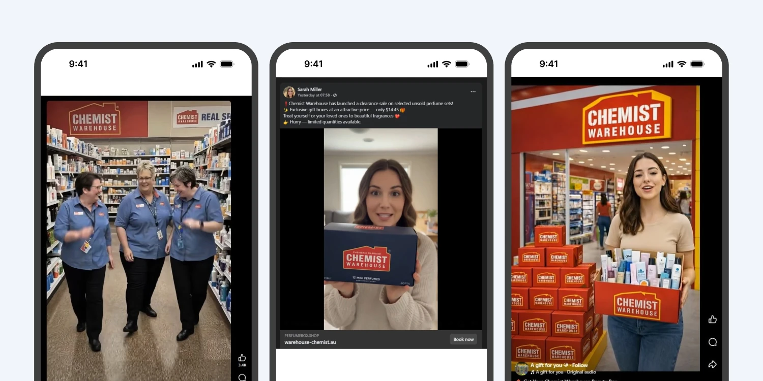 Three mobile phone screenshots showing Chemist Warehouse social media content featuring staff and promotional perfume gift boxes