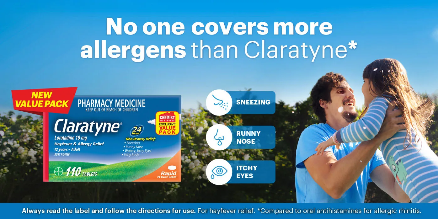 No one covers more allergens than Claratyne*. Always read the label and follow the directions for use. For hayfever relief. *Compared to oral antihistamines for allergic rhinitis.