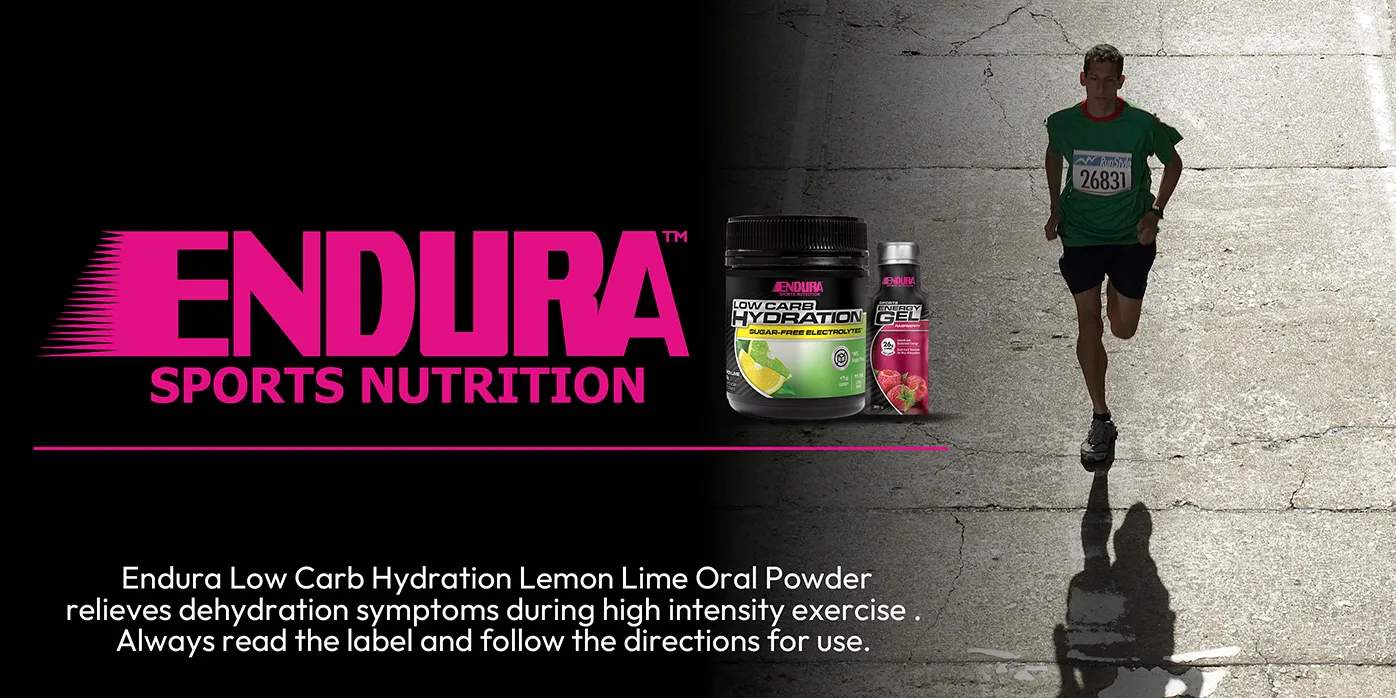 Endura Sports Nutrition. Endura Low Carb Hydration Lemon Lime Oral Powder relieves dehydration symptoms during high intensity exercise. Always read the label and follow the directions for use.