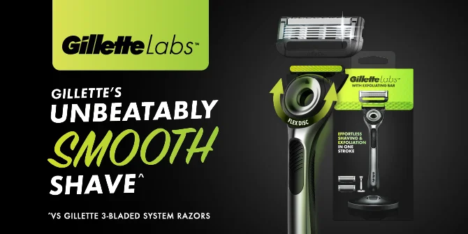 Gillette Labs. Gillette's unbeatably smooth shave^ ^vs Gillette 3-bladed system razors