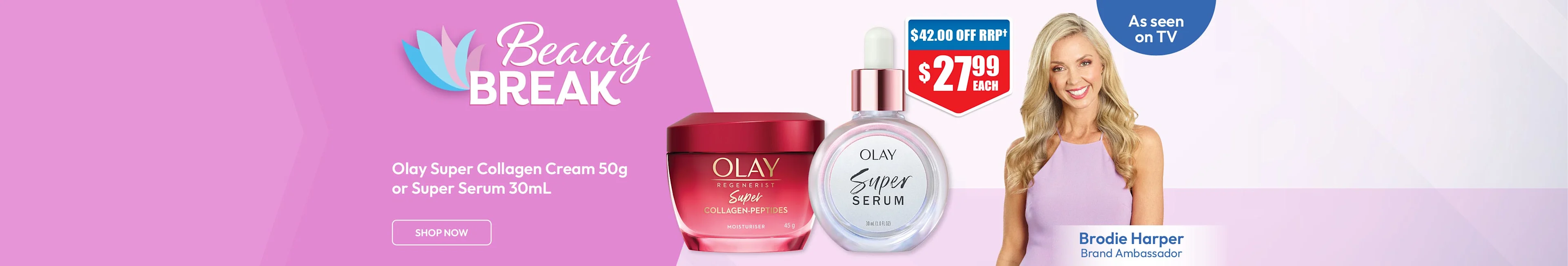 Olay Super Collagen beauty products on pink background with $42 off promotion, featuring cream and serum bottles at $27.99 each