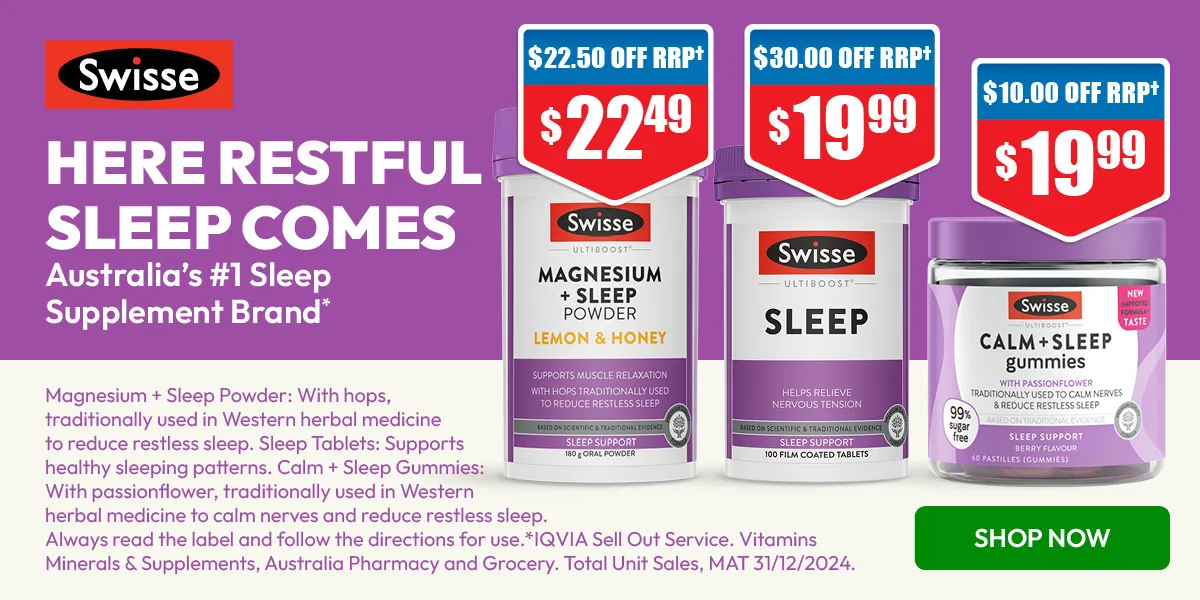 Swisse sleep supplements display with price discounts on purple background, featuring magnesium powder, tablets and gummies