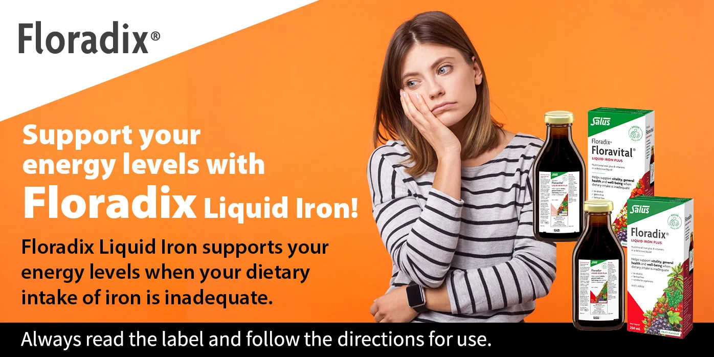 Advertisement for Floradix Liquid Iron supplement showing tired person in striped shirt with product bottles against orange background