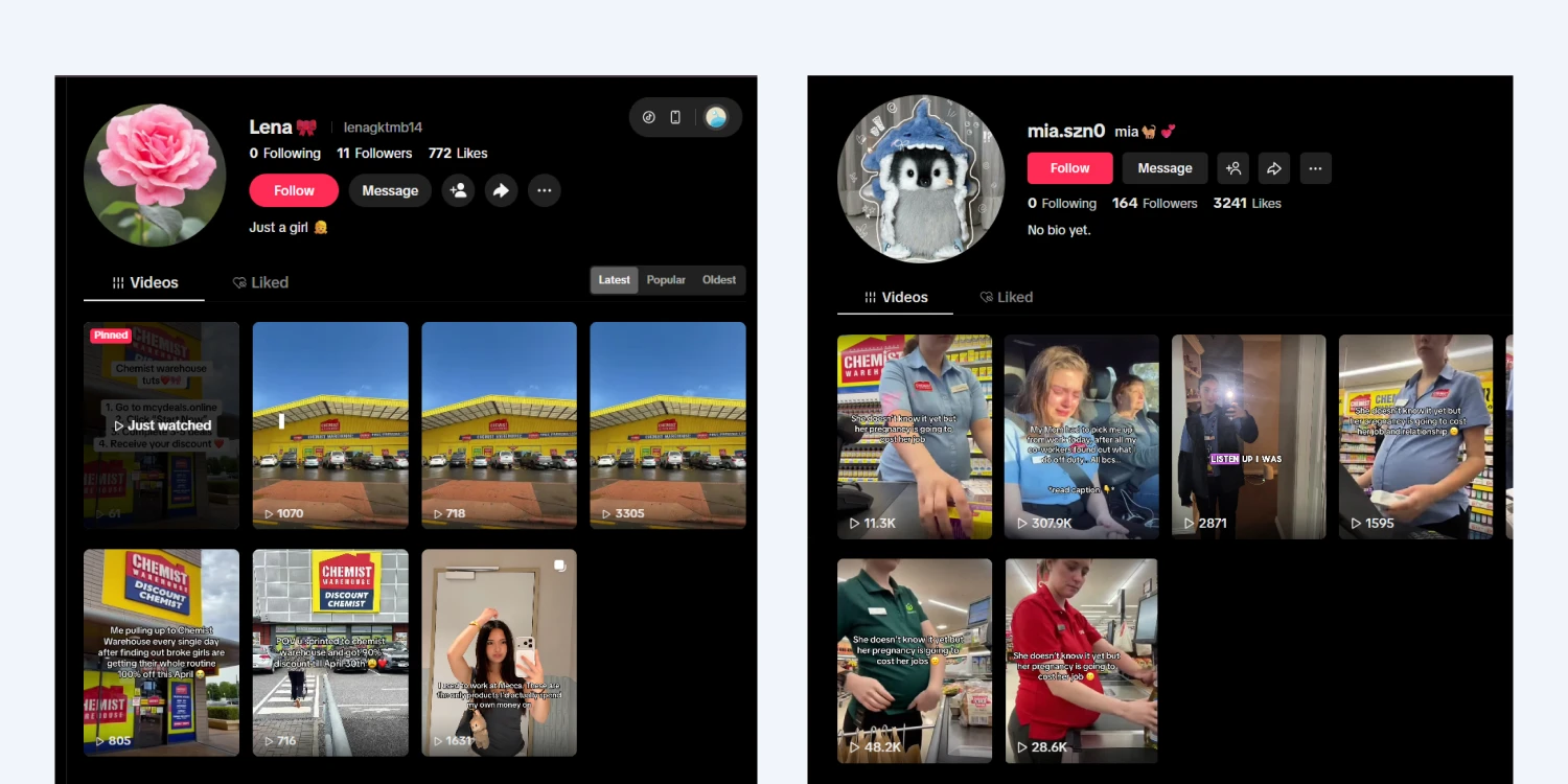 Two TikTok profiles side by side on dark background, showing user pages with video thumbnails, follower counts, and profile pictures.