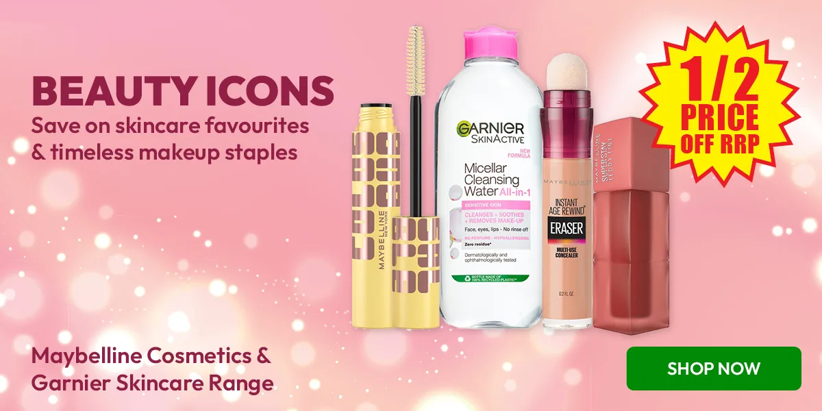 Beauty Icons. Save on skincare favourites & timeless makeup staples with the Maybelline Cosmetics & Garnier Skincare Range, half price off RRP.