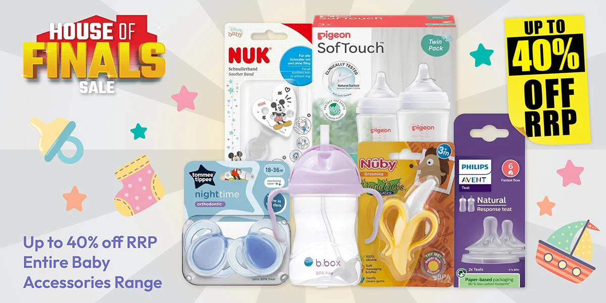 Baby accessories sale featuring bottles and pacifiers from popular brands like NUK, Pigeon, and Philips Avent with up to 40% off regular prices