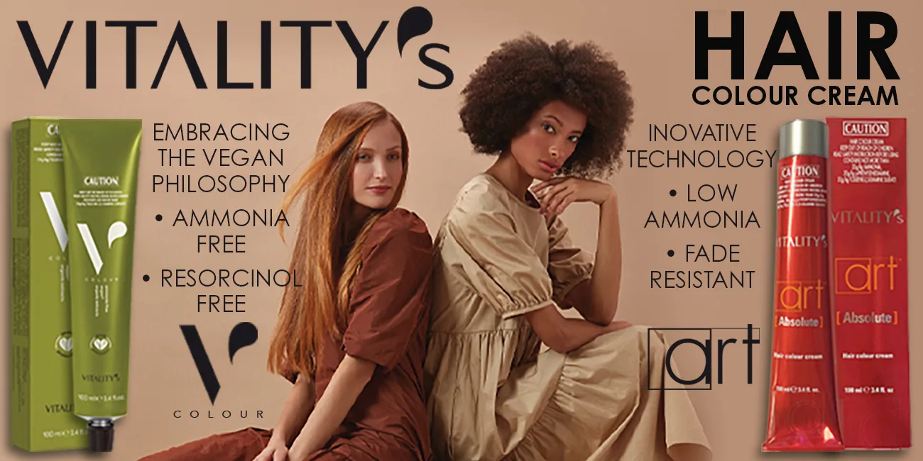 Advertisement for Vitality's vegan hair color cream showing two models with contrasting hairstyles and product packaging