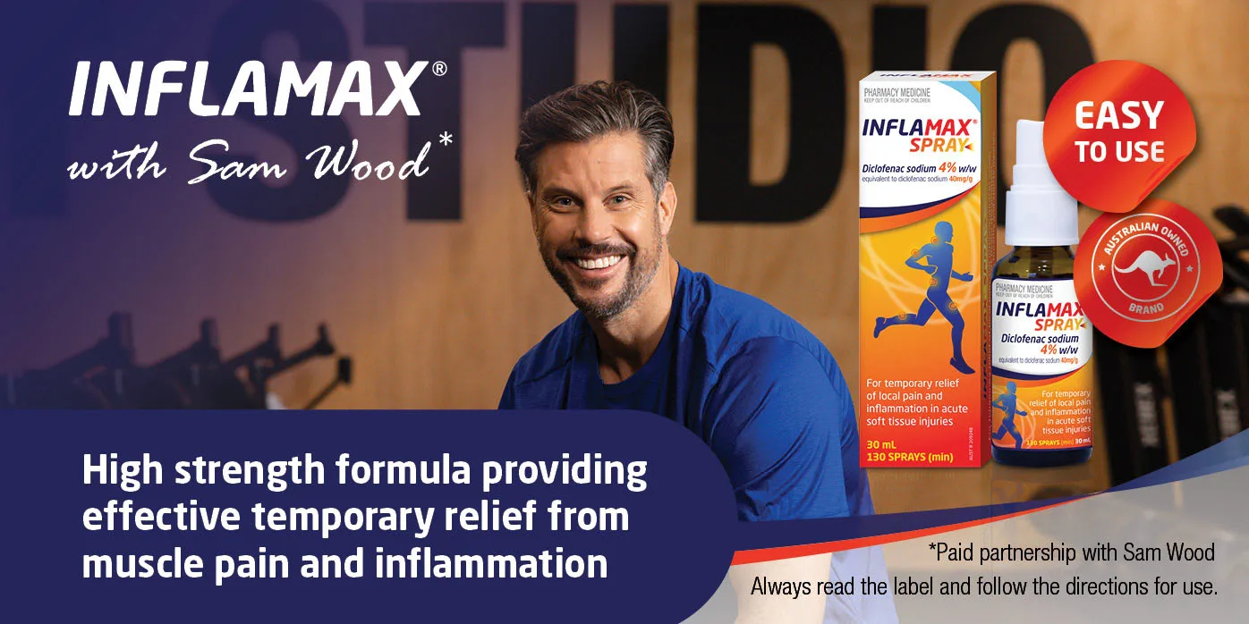 Inflamax with Sam Wood. High strength formula providing effective temporary relief from muscle pain and inflammation. Always read the label and follow the directions for use.